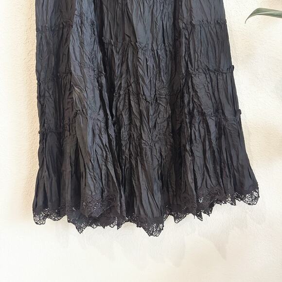 Silkland Crinkle 100% Silk Maxi Skirt M Tiered Lace Trim Whimsygoth Darkfaiy - Picture 3 of 7